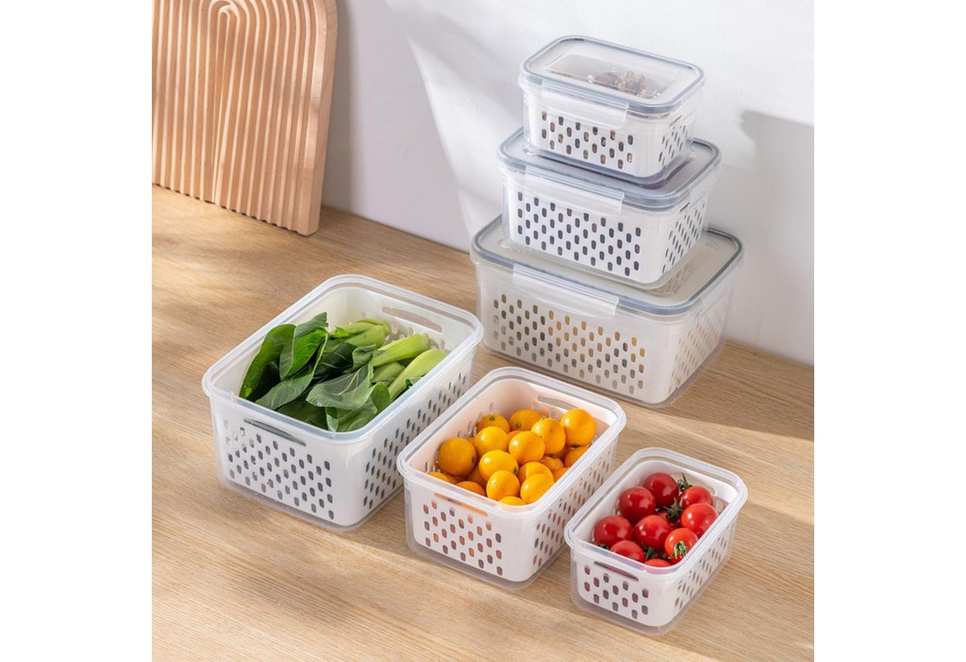FOUORTUNATE-BEE Frischhaltedose Frischhaltedose Set mit Sieb Abtropfkorb Obst Gemüse Box, Küchen Box Set für Kühlschrank Mikrowelle Obst Gemüse Lagerung – Bild 3 von 5