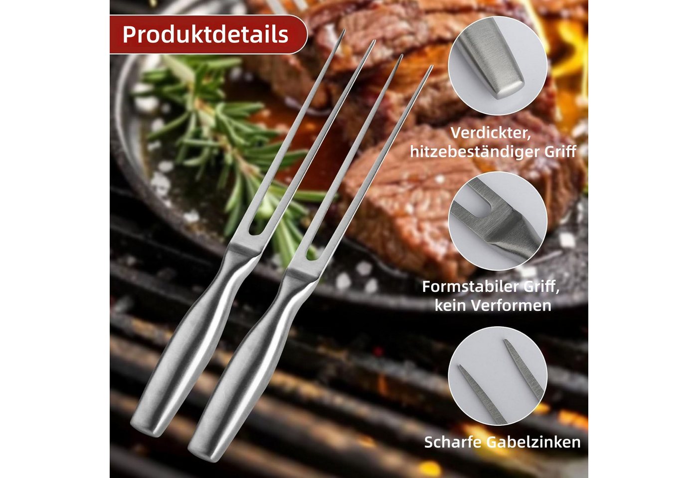 FOUORTUNATE-BEE Geschirr-Set 2er Set Edelstahl Fleischgabeln mit Griff für Grill & Küche (2-tlg), Robuste Tranchiergabeln aus Edelstahl für Fleisch & Braten – Bild 5 von 5