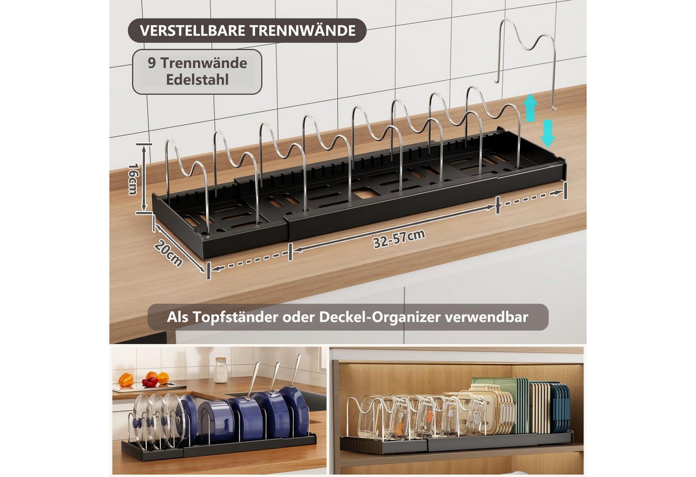 FOUORTUNATE-BEE Geschirrständer Erweiterbarer Topfdeckelhalter mit 9 Verstellbaren Fächern, Pfannenhalter Pfannen Organizer für Topfdeckel und Pfannen – Bild 2 von 5