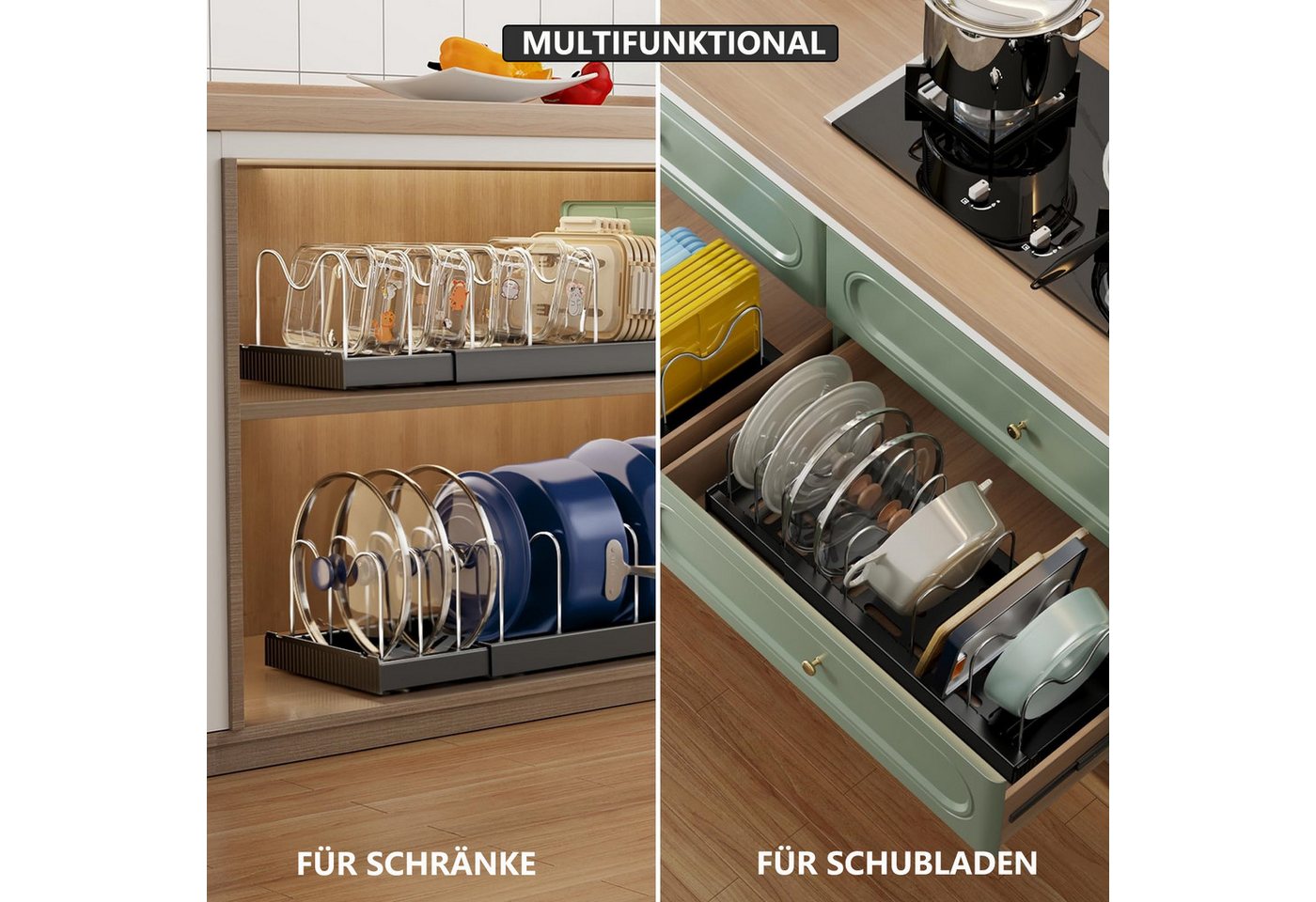 FOUORTUNATE-BEE Geschirrständer Erweiterbarer Topfdeckelhalter mit 9 Verstellbaren Fächern, Pfannenhalter Pfannen Organizer für Topfdeckel und Pfannen – Bild 4 von 5