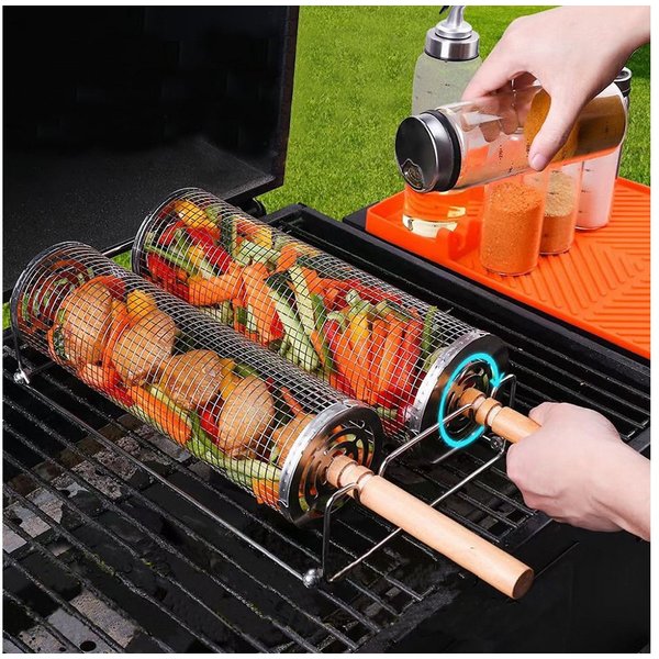 FOUORTUNATE-BEE Grillbesteck-Set Rollendes Grillkorb mit Holzgriff, (1 tlg., Grillnetzrohr für Den Außengrill für Gemüse), Grillkorb Edelstahl Zylindrisch, Gril