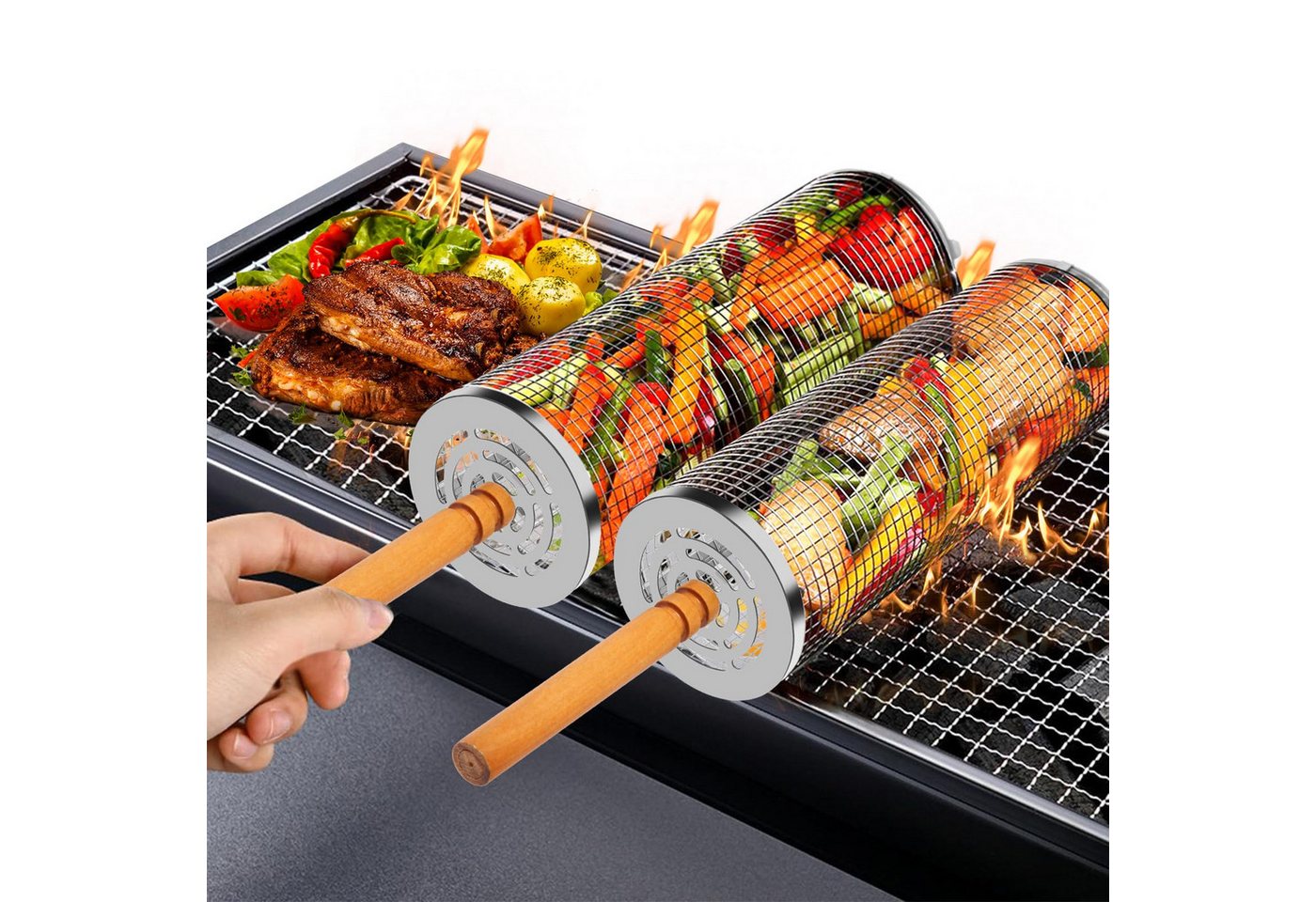 FOUORTUNATE-BEE Grillbesteck-Set Rollendes Grillkorb mit Holzgriff, (1 tlg., Grillnetzrohr für Den Außengrill für Gemüse), Grillkorb Edelstahl Zylindrisch, Gril – Bild 2 von 5
