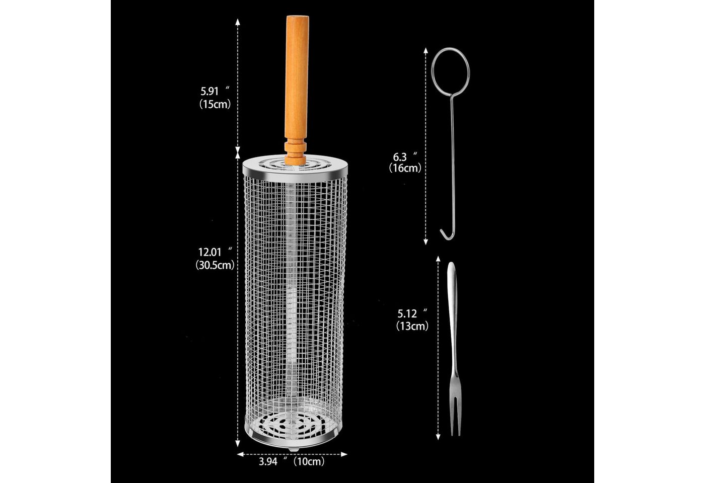 FOUORTUNATE-BEE Grillbesteck-Set Rollendes Grillkorb mit Holzgriff, (1 tlg., Grillnetzrohr für Den Außengrill für Gemüse), Grillkorb Edelstahl Zylindrisch, Gril – Bild 3 von 5