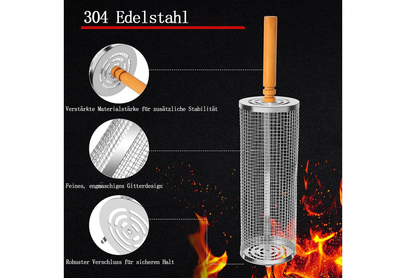 FOUORTUNATE-BEE Grillbesteck-Set Rollendes Grillkorb mit Holzgriff, (1 tlg., Grillnetzrohr für Den Außengrill für Gemüse), Grillkorb Edelstahl Zylindrisch, Gril – Bild 4 von 5