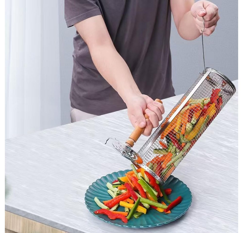 FOUORTUNATE-BEE Grillbesteck-Set Rollendes Grillkorb mit Holzgriff, (1 tlg., Grillnetzrohr für Den Außengrill für Gemüse), Grillkorb Edelstahl Zylindrisch, Gril – Bild 5 von 5