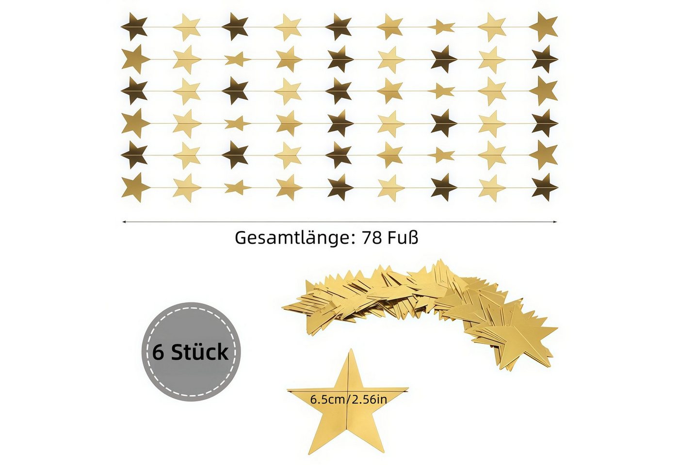 FOUORTUNATE-BEE Hängedekoration 6er Set Glitzer-Stern-Girlanden je 4 m in Gold (6 St), Hängende Stern-Deko für Geburtstag, Hochzeit & Party – Bild 2 von 5