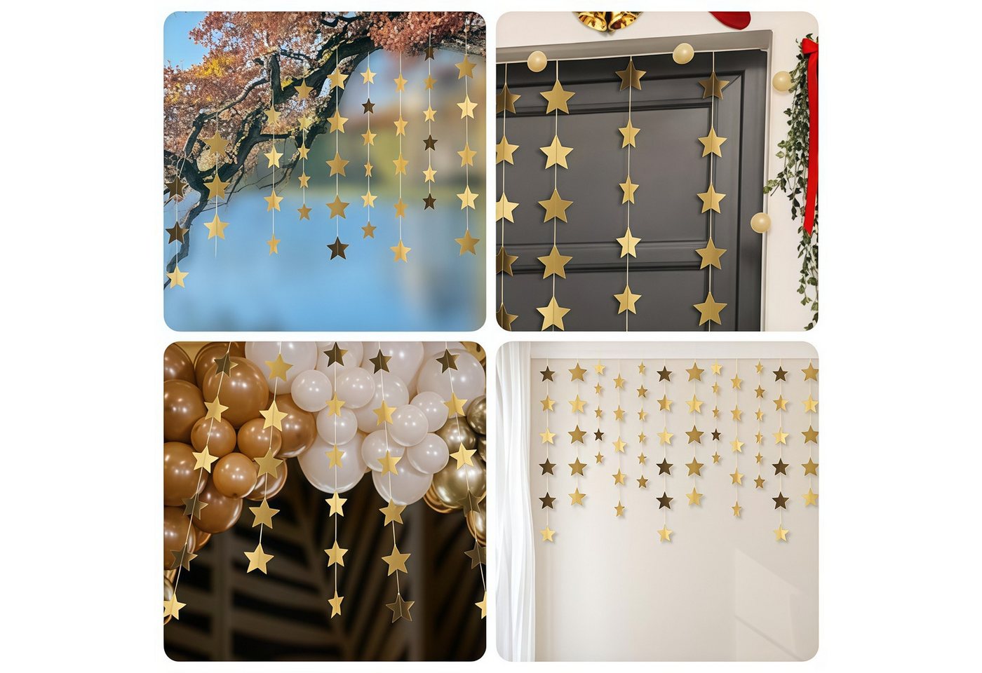 FOUORTUNATE-BEE Hängedekoration 6er Set Glitzer-Stern-Girlanden je 4 m in Gold (6 St), Hängende Stern-Deko für Geburtstag, Hochzeit & Party – Bild 3 von 5