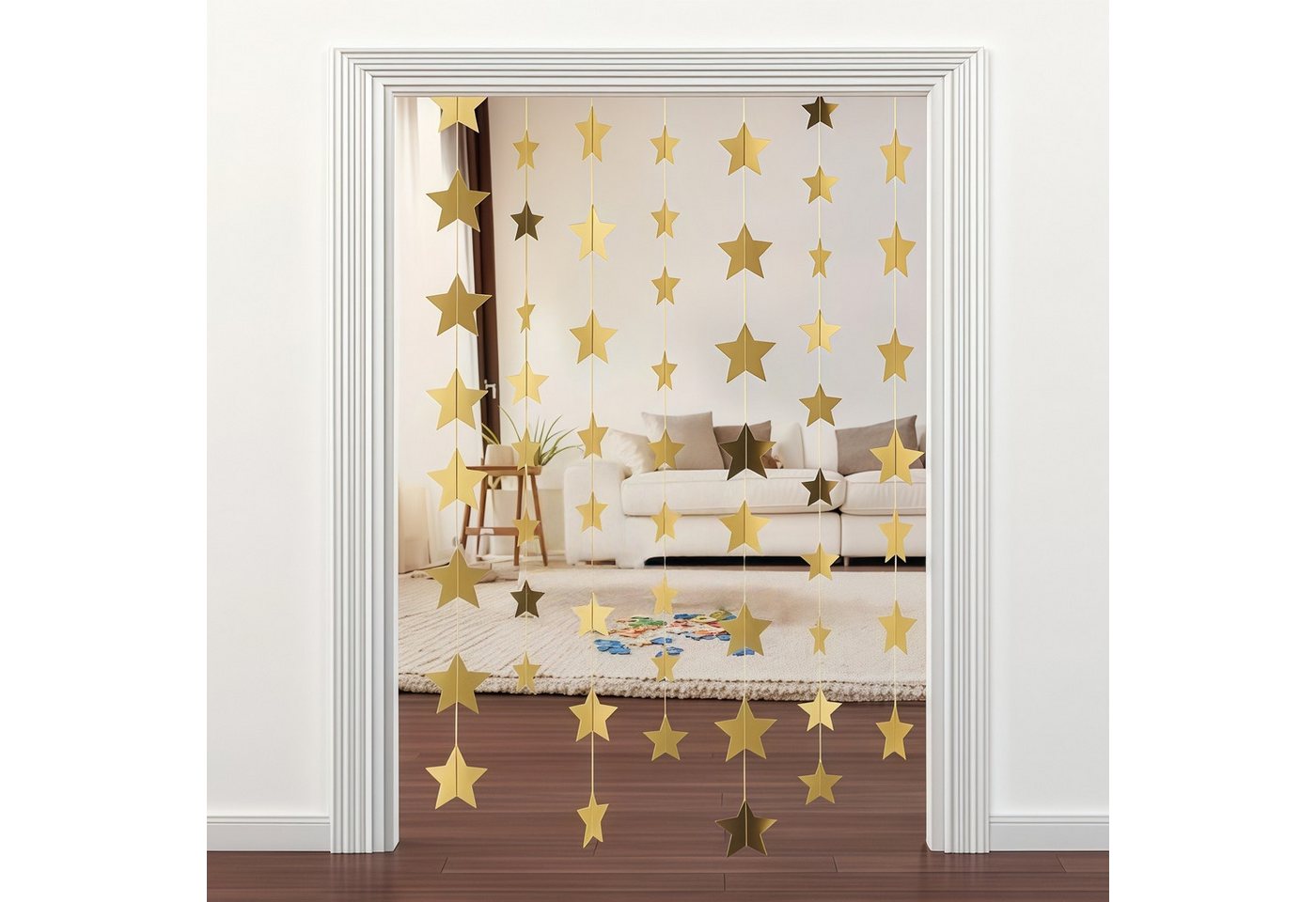 FOUORTUNATE-BEE Hängedekoration 6er Set Glitzer-Stern-Girlanden je 4 m in Gold (6 St), Hängende Stern-Deko für Geburtstag, Hochzeit & Party – Bild 5 von 5