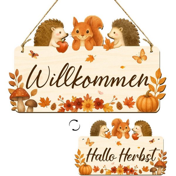 FOUORTUNATE-BEE Hängedekoration Herbst-Türdeko, Holzschild Herzlich Willkommen (beidseitig mit Willkommen & Hallo Herbst, Herbstdekoration für das Erntedankfest