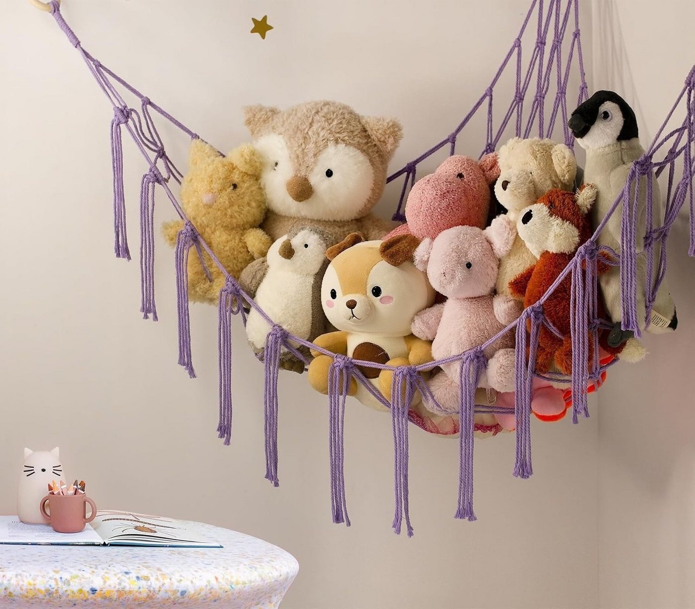 FOUORTUNATE-BEE Hängekorb Plüschtier Hängematte Ecknetz für Kinderzimmer Deko Mehrere Farben, Handgewebtes Spielzeugnetz zur Aufbewahrung von Kuscheltieren – Bild 4 von 5