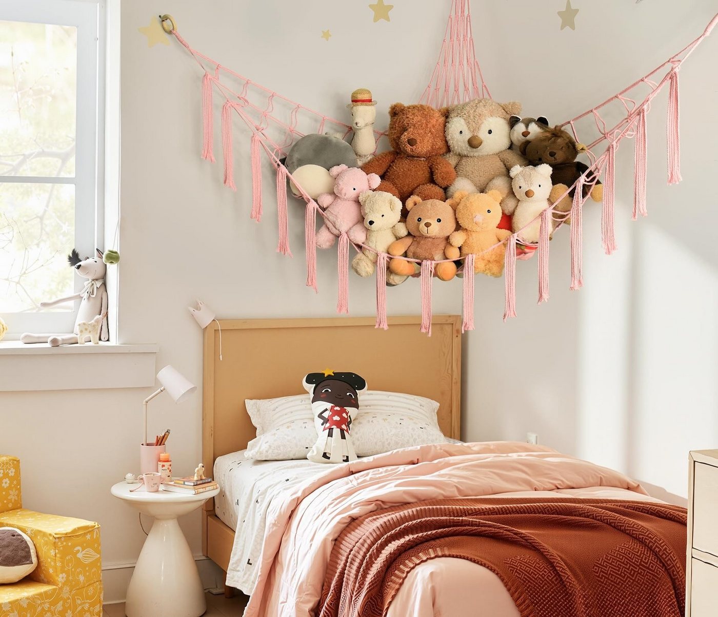 FOUORTUNATE-BEE Hängekorb Plüschtier Hängematte Ecknetz für Kinderzimmer Deko Mehrere Farben, Handgewebtes Spielzeugnetz zur Aufbewahrung von Kuscheltieren – Bild 3 von 5