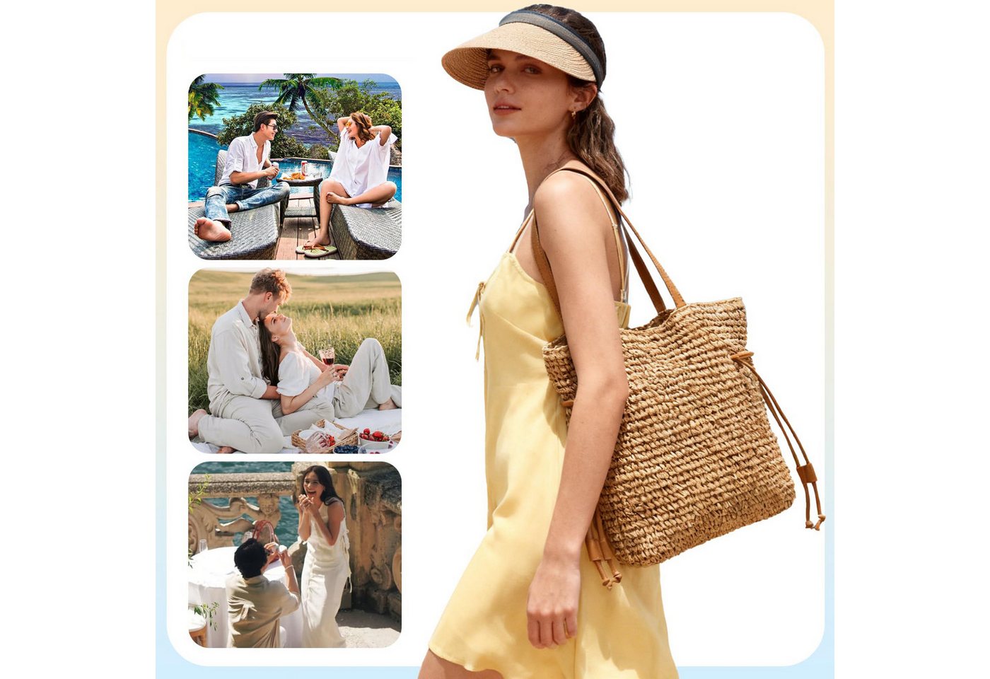 FOUORTUNATE-BEE Handtasche Damen Strohtaschen, Geflochtene Sommer-Handtasche, Strand-Tote (Kordelzug-Schultertasche) – Bild 2 von 5