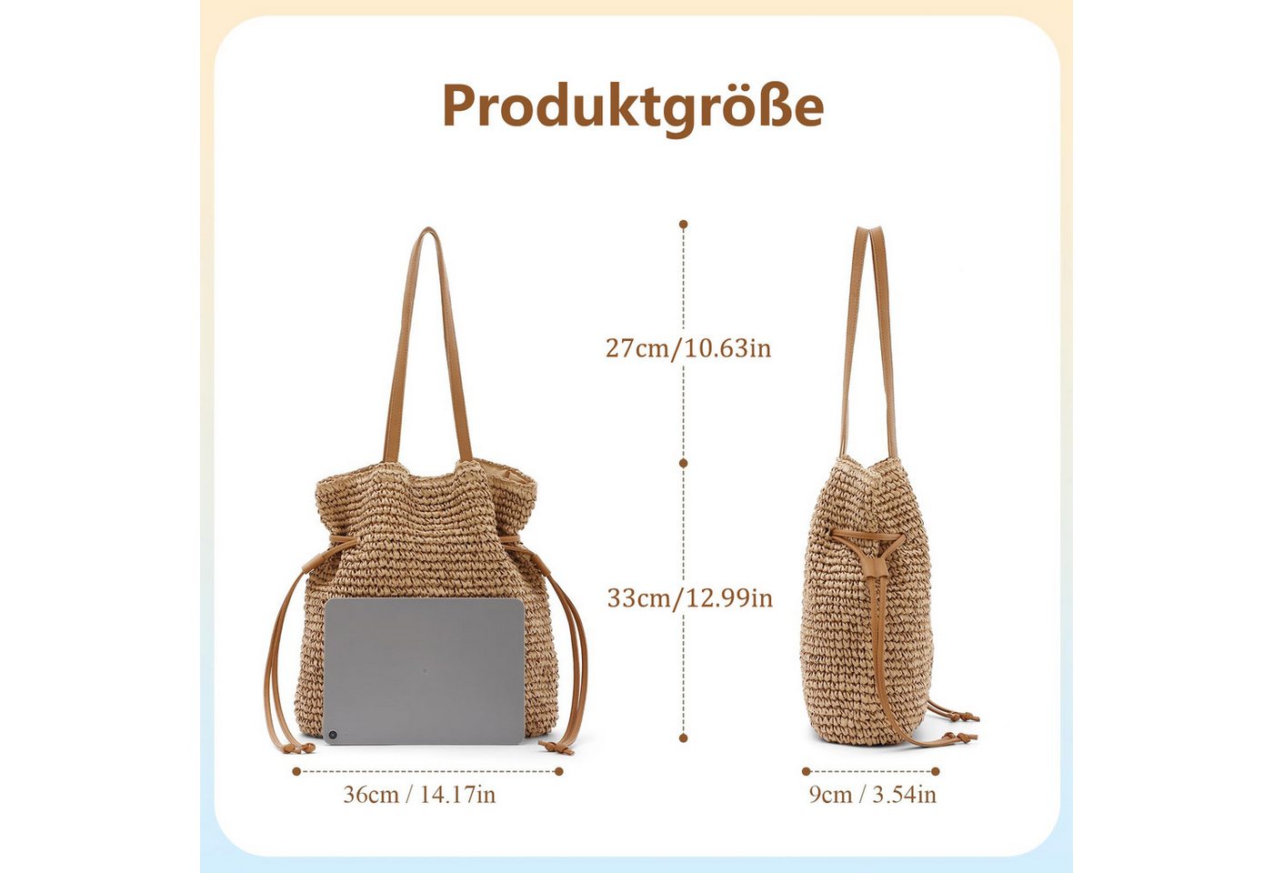 FOUORTUNATE-BEE Handtasche Damen Strohtaschen, Geflochtene Sommer-Handtasche, Strand-Tote (Kordelzug-Schultertasche) – Bild 4 von 5