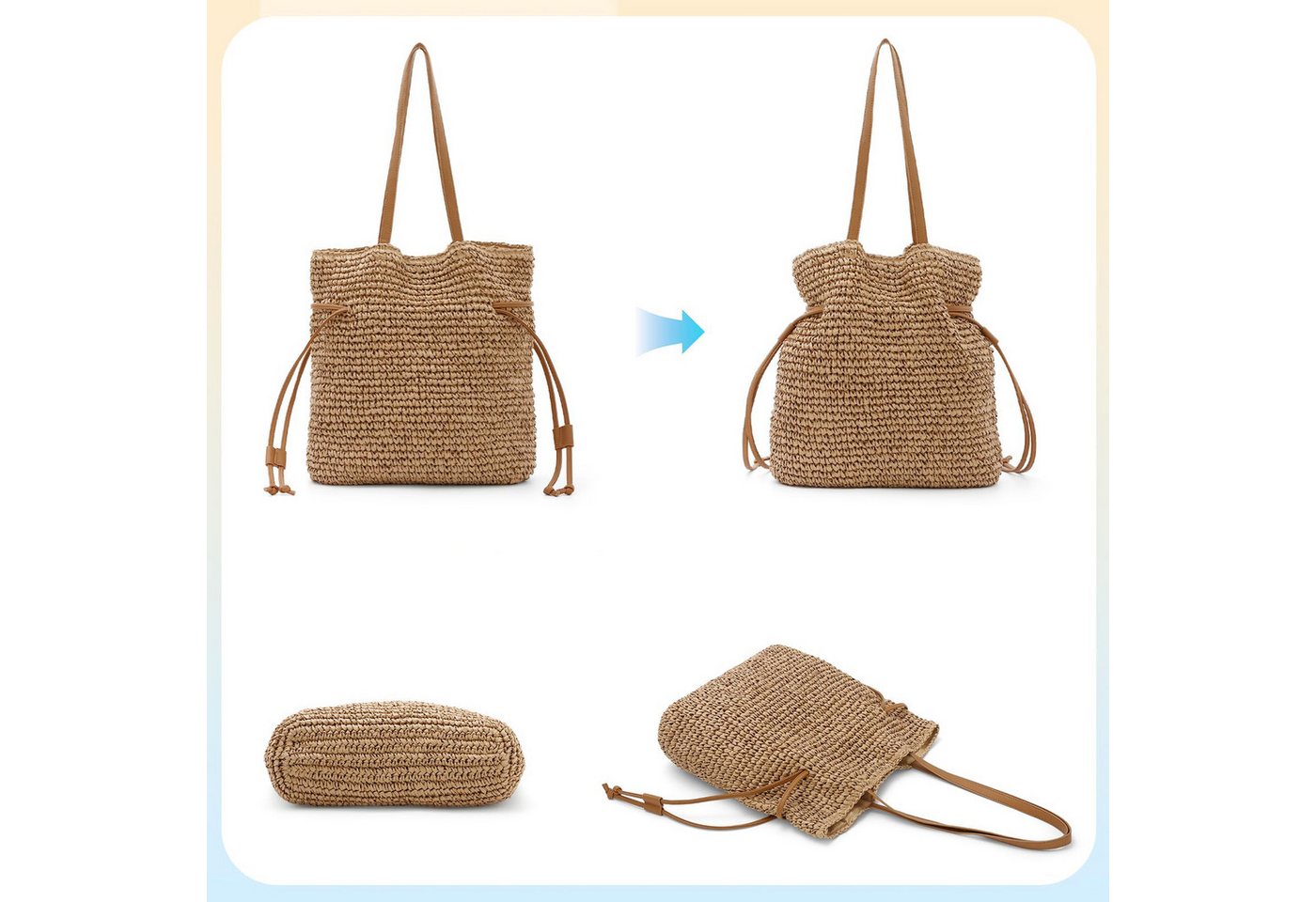 FOUORTUNATE-BEE Handtasche Damen Strohtaschen, Geflochtene Sommer-Handtasche, Strand-Tote (Kordelzug-Schultertasche) – Bild 5 von 5