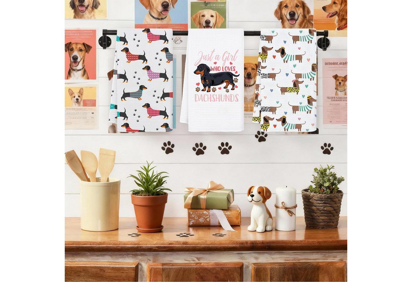 FOUORTUNATE-BEE Handtuch Set Dackel Küchentücher Set 4 Stück saugstarke Handtücher 40x60 cm, Dackel Geschirrtücher für Küche Deko Geschenk für Hundeliebhaber – Bild 2 von 5