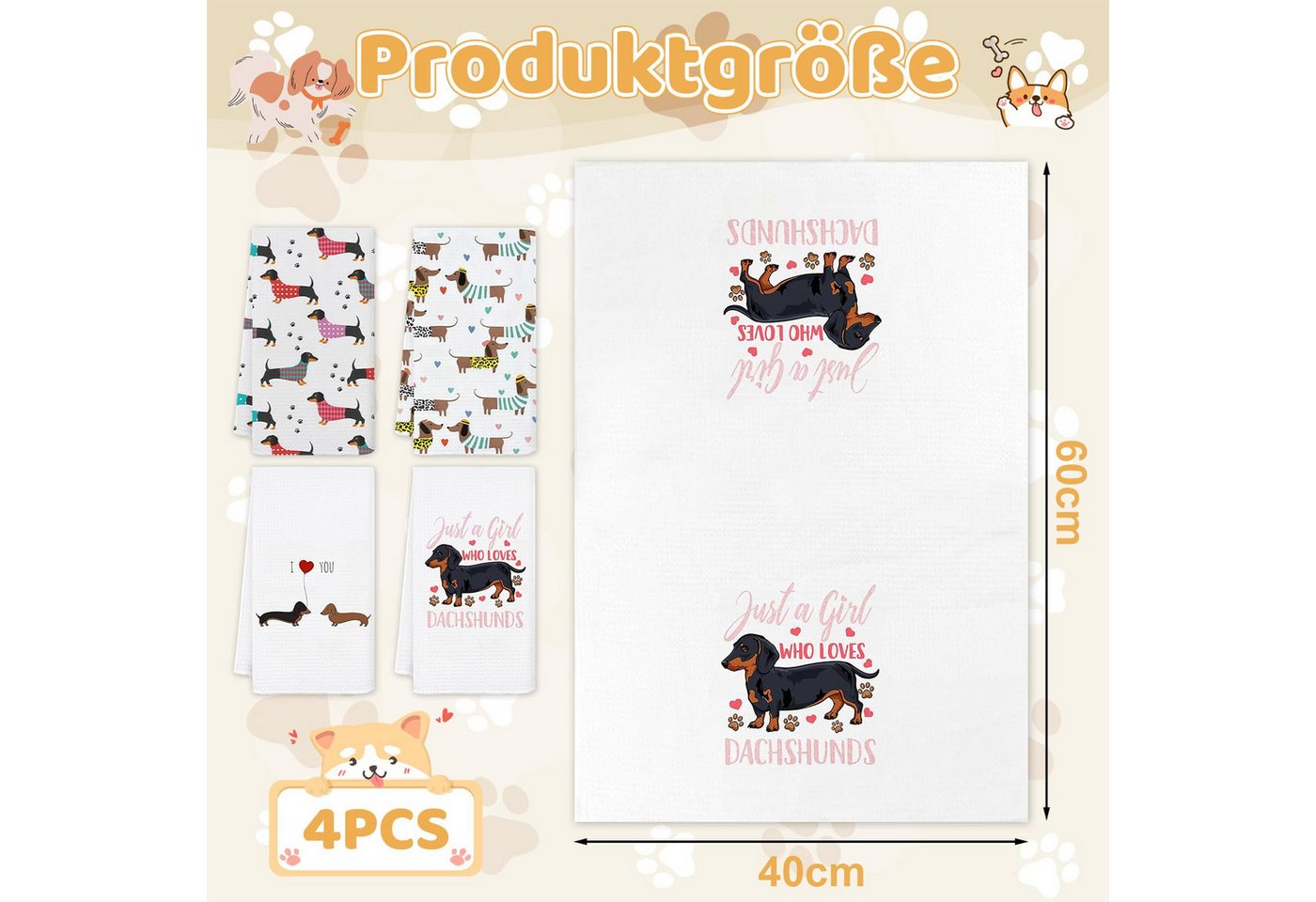 FOUORTUNATE-BEE Handtuch Set Dackel Küchentücher Set 4 Stück saugstarke Handtücher 40x60 cm, Dackel Geschirrtücher für Küche Deko Geschenk für Hundeliebhaber – Bild 4 von 5