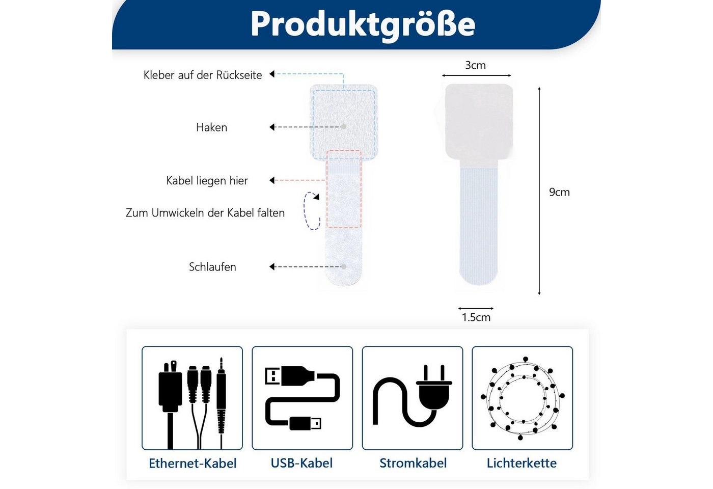 FOUORTUNATE-BEE Kabelbinder 50er Set Kabelmanagement Clips & Klettbänder selbstklebend Kabelhalter für Schreibtisch, TV, Computer & Lichterketten – Bild 3 von 5