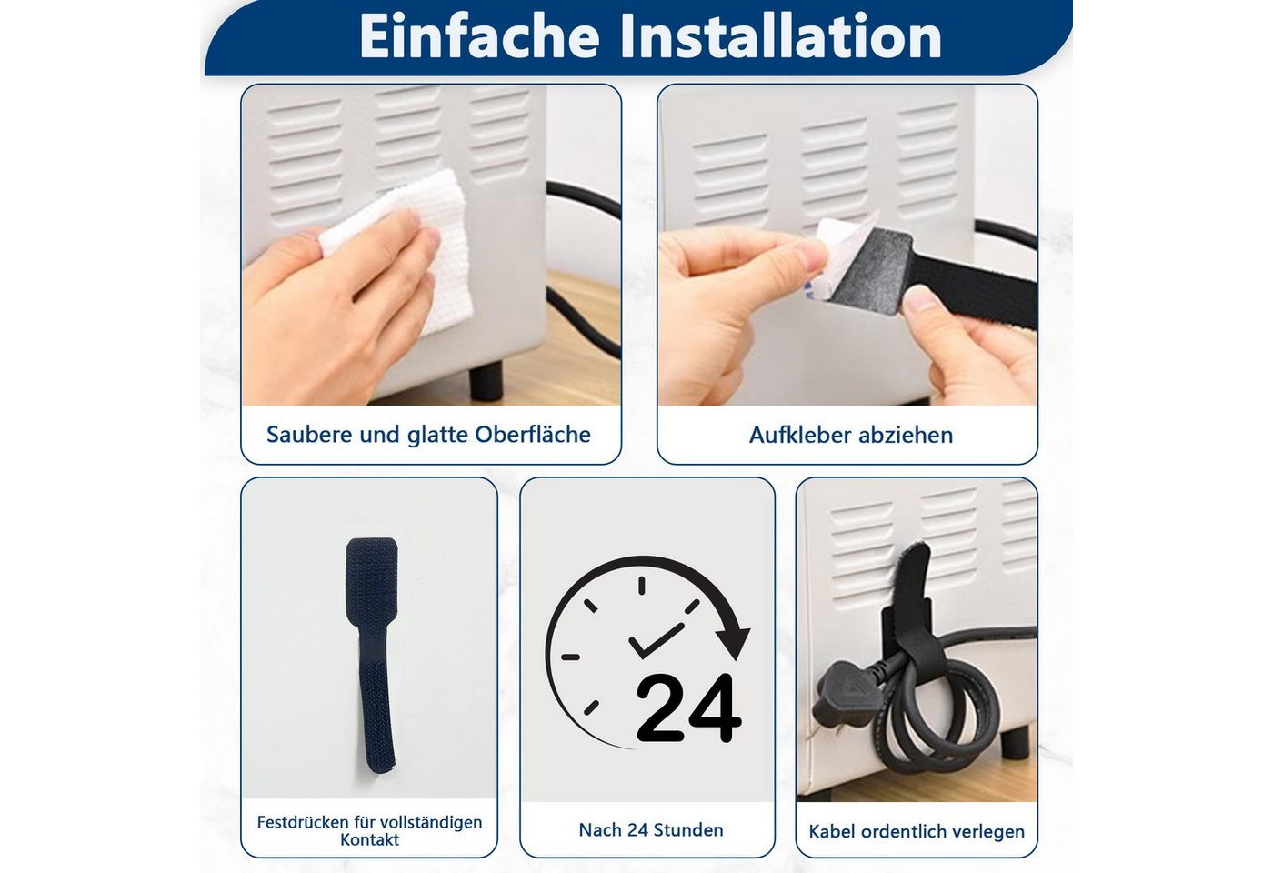 FOUORTUNATE-BEE Kabelbinder 50er Set Kabelmanagement Clips & Klettbänder selbstklebend Kabelhalter für Schreibtisch, TV, Computer & Lichterketten – Bild 4 von 5