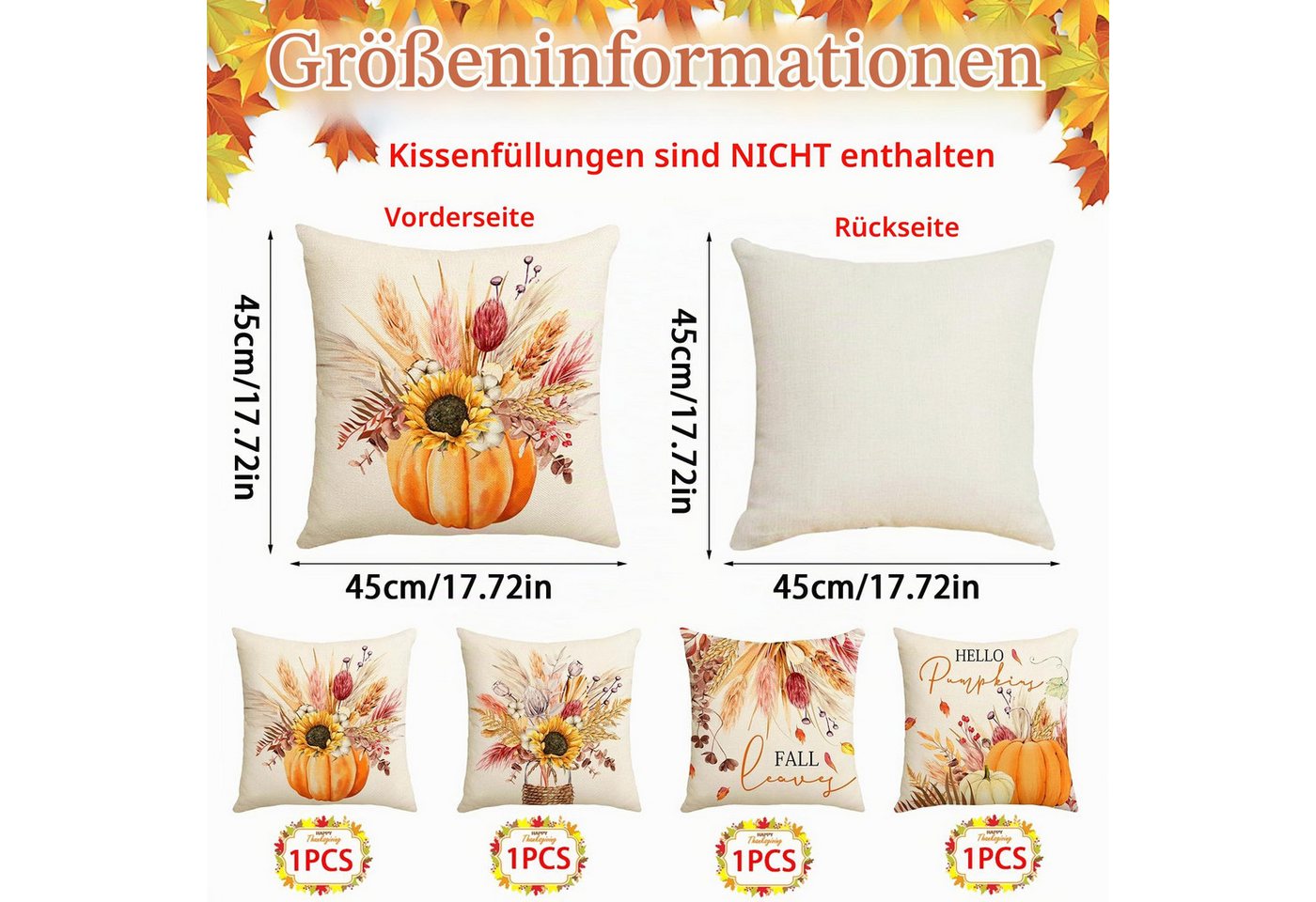 FOUORTUNATE-BEE Kissenbezug 4 Stück Herbstdeko Kissenbezüge 45x45cm, Dekorative Kissenbezug, (4 Stück), für Erntedankfest und Thanksgiving, für Sofa, Bett und W – Bild 2 von 5