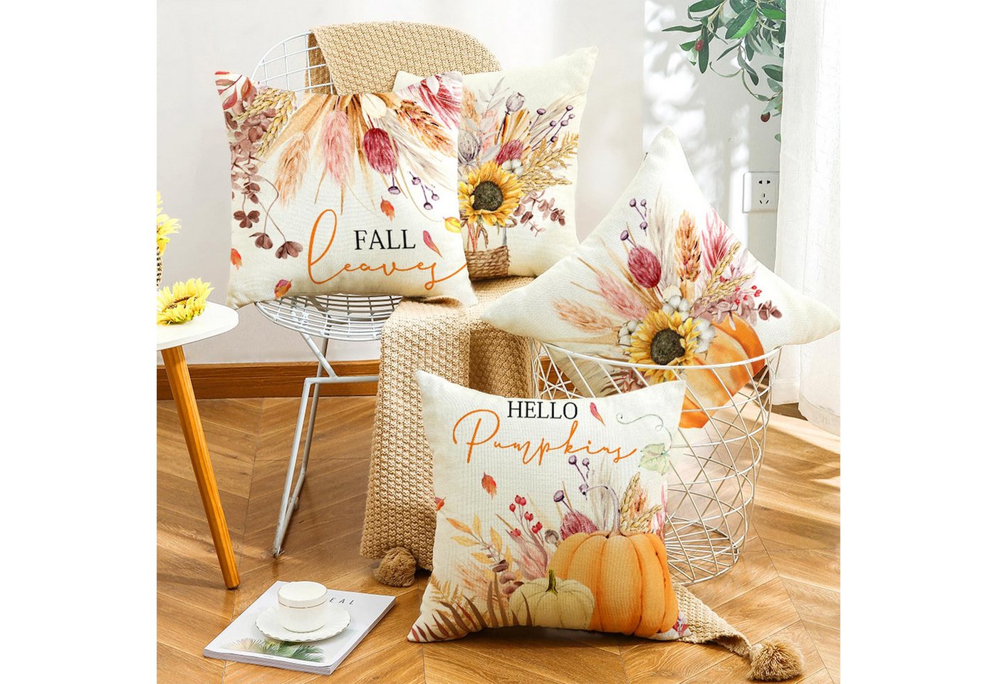 FOUORTUNATE-BEE Kissenbezug 4 Stück Herbstdeko Kissenbezüge 45x45cm, Dekorative Kissenbezug, (4 Stück), für Erntedankfest und Thanksgiving, für Sofa, Bett und W – Bild 5 von 5