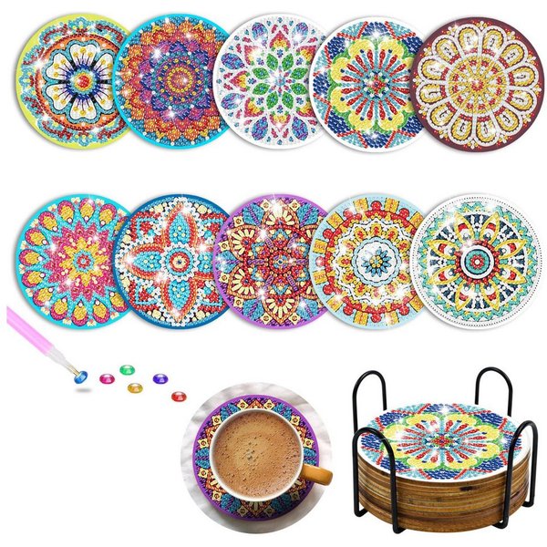 FOUORTUNATE-BEE Kreativset 10er Set Diamond Painting Untersetzer mit Halter, DIY Kunst