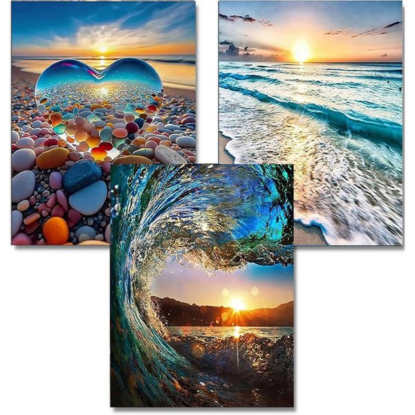 FOUORTUNATE-BEE Kreativset 3er Set Diamond Painting Strand Landschaft 30x40 cm für Erwachsene, Diamant Malerei Set Strand & Herzmotiv, DIY Kunst ohne Rahmen