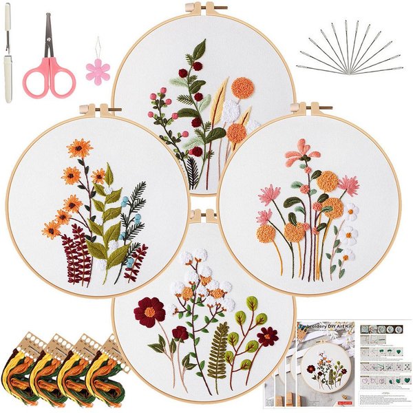 FOUORTUNATE-BEE Kreativset 4-teiliges Handstick-Set für Anfänger mit Blumen-Design, Blumen-Stickset mit Nadel & Faden, 4-teiliges DIY Set