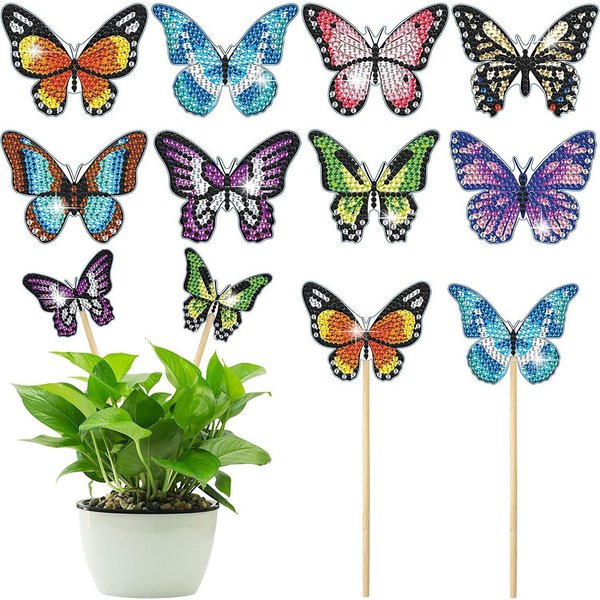 FOUORTUNATE-BEE Kreativset DIY Diamantmalerei Gartenstecker – 8er Schmetterling Bastelset, Diamant Sticker Bastelset für Blumentöpfe, Balkon & Deko