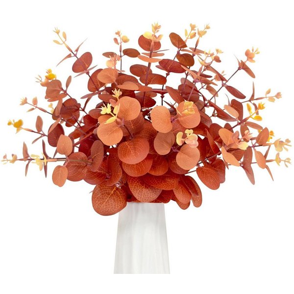 Kunstblume 30 Stück Künstliche Eukalyptus-Zweige, Herbstliche Dekozweige, FOUORTUNATE-BEE, mit orangefarbenen Blättern, Kunstblumen für Herbstdekoration