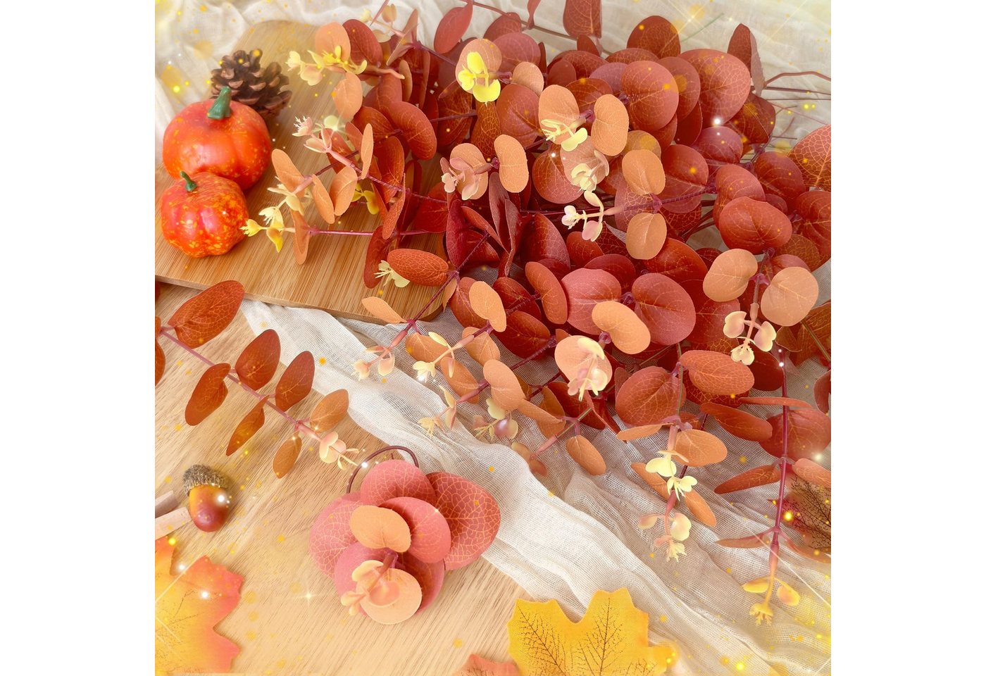 Kunstblume 30 Stück Künstliche Eukalyptus-Zweige, Herbstliche Dekozweige, FOUORTUNATE-BEE, mit orangefarbenen Blättern, Kunstblumen für Herbstdekoration – Bild 3 von 5