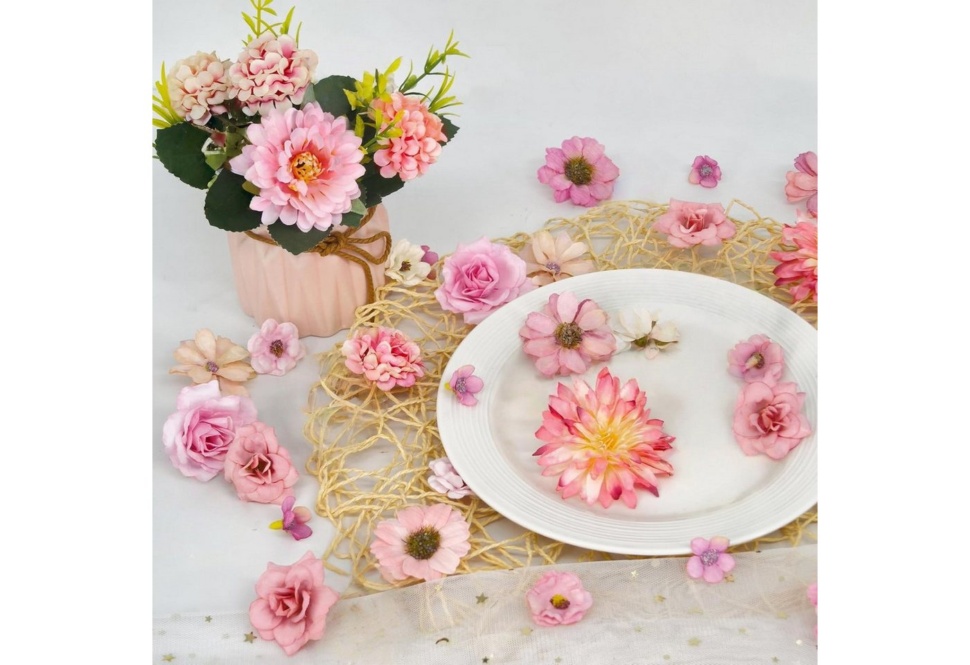 Kunstblumenstrauß 48 rosafarbene Mini-Kunstblumen für DIY-Deko, FOUORTUNATE-BEE, Kleine Blütenköpfe für Hochzeit und Tortendekoration – Bild 3 von 5