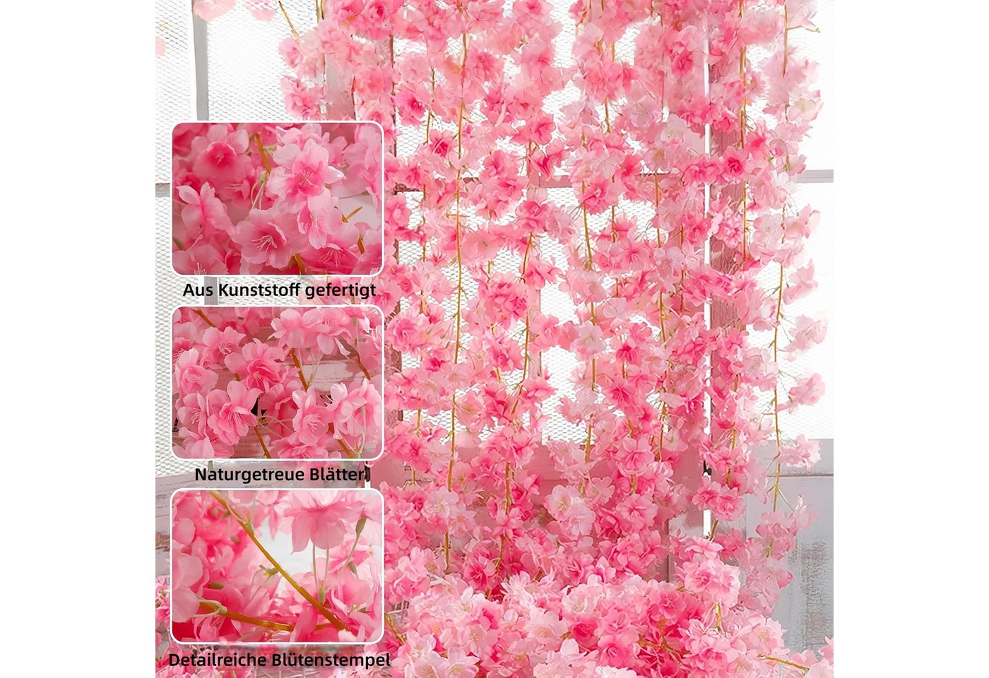 Kunstpflanze 3er Set künstliche Kirschblüten-Girlanden je 180 cm, FOUORTUNATE-BEE, Dekorative Blütengirlanden für Innen- & Außenbereiche – Bild 2 von 5