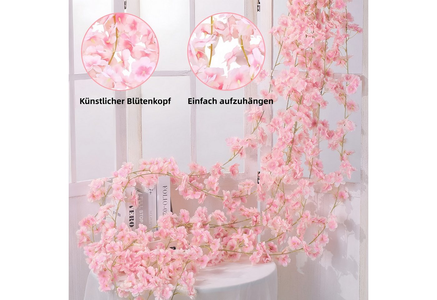 Kunstpflanze 3er Set künstliche Kirschblüten-Girlanden je 180 cm, FOUORTUNATE-BEE, Dekorative Blütengirlanden für Innen- & Außenbereiche – Bild 5 von 5