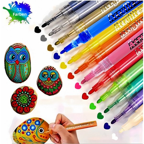 FOUORTUNATE-BEE Lackmarker 12er Set wasserfeste Acrylstifte für Steine, Glas & Papier, (12-tlg), 12 Farben für DIY-, Oster- & Weihnachtsbastelprojekte