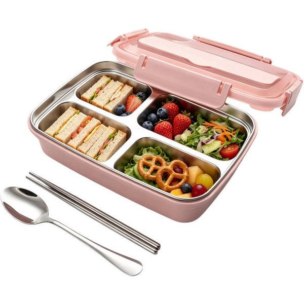 FOUORTUNATE-BEE Lunchbox Brotdose 500 ml, 4 Fächer, Edelstahl Lunchbox, auslaufsicher, Bento, Bento Box für Schule Büro Picknick Snackbox mit transparentem Deck