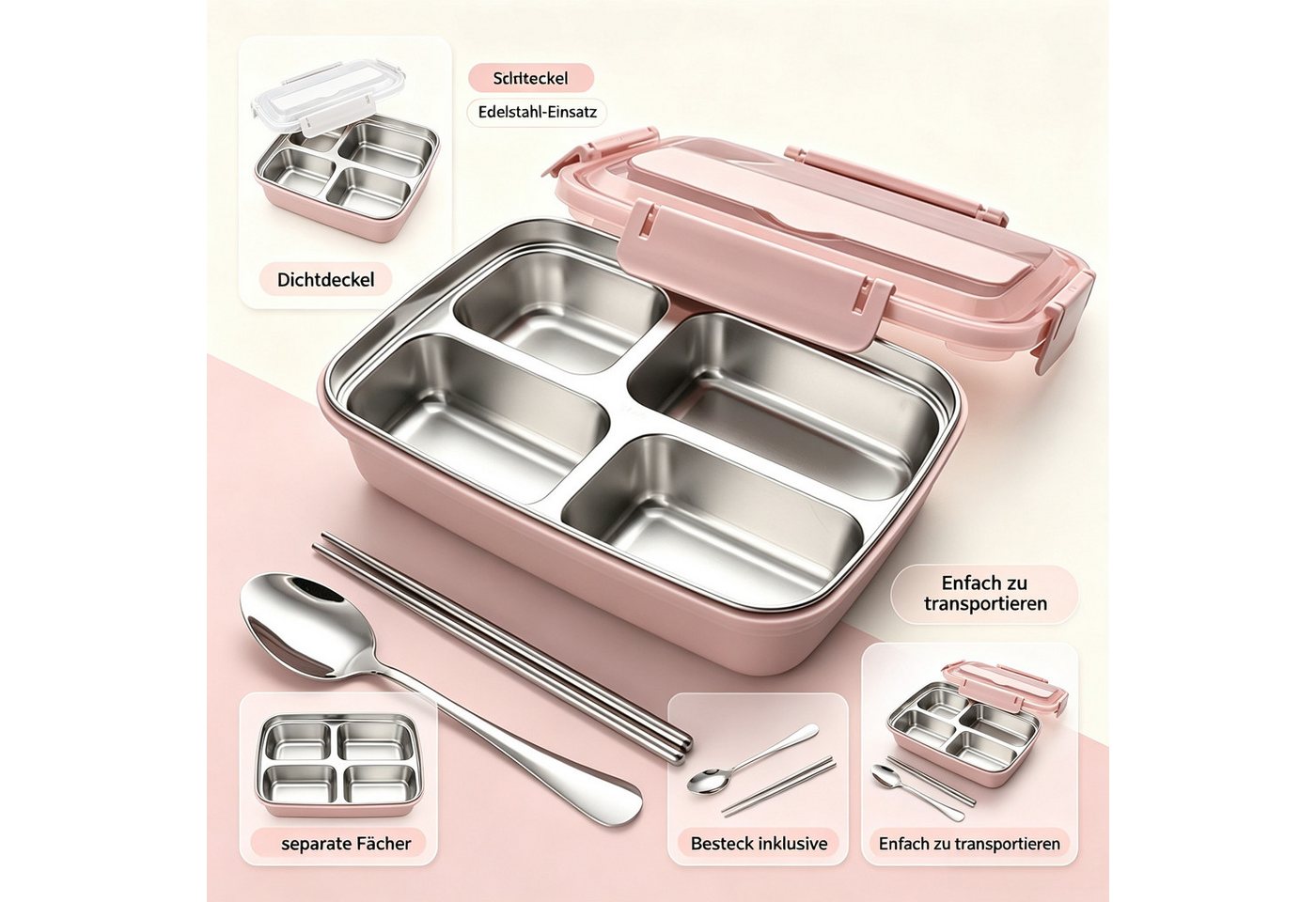 FOUORTUNATE-BEE Lunchbox Brotdose 500 ml, 4 Fächer, Edelstahl Lunchbox, auslaufsicher, Bento, Bento Box für Schule Büro Picknick Snackbox mit transparentem Deck – Bild 3 von 5