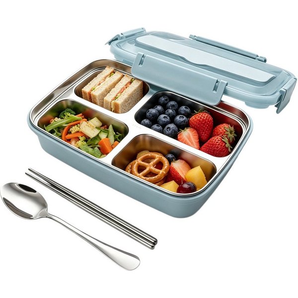 FOUORTUNATE-BEE Lunchbox Brotdose 500 ml, 4 Fächer, Edelstahl Lunchbox, auslaufsicher, Bento, Bento Box für Schule Büro Picknick Snackbox mit transparentem Deck
