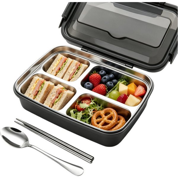 FOUORTUNATE-BEE Lunchbox Brotdose 500 ml, 4 Fächer, Edelstahl Lunchbox, auslaufsicher, Bento, Bento Box für Schule Büro Picknick Snackbox mit transparentem Deck