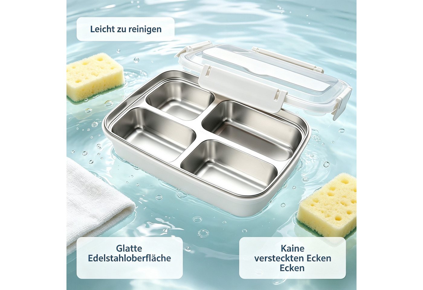 FOUORTUNATE-BEE Lunchbox Brotdose 500 ml, 4 Fächer, Edelstahl Lunchbox, auslaufsicher, Bento, Bento Box für Schule Büro Picknick Snackbox mit transparentem Deck – Bild 4 von 5