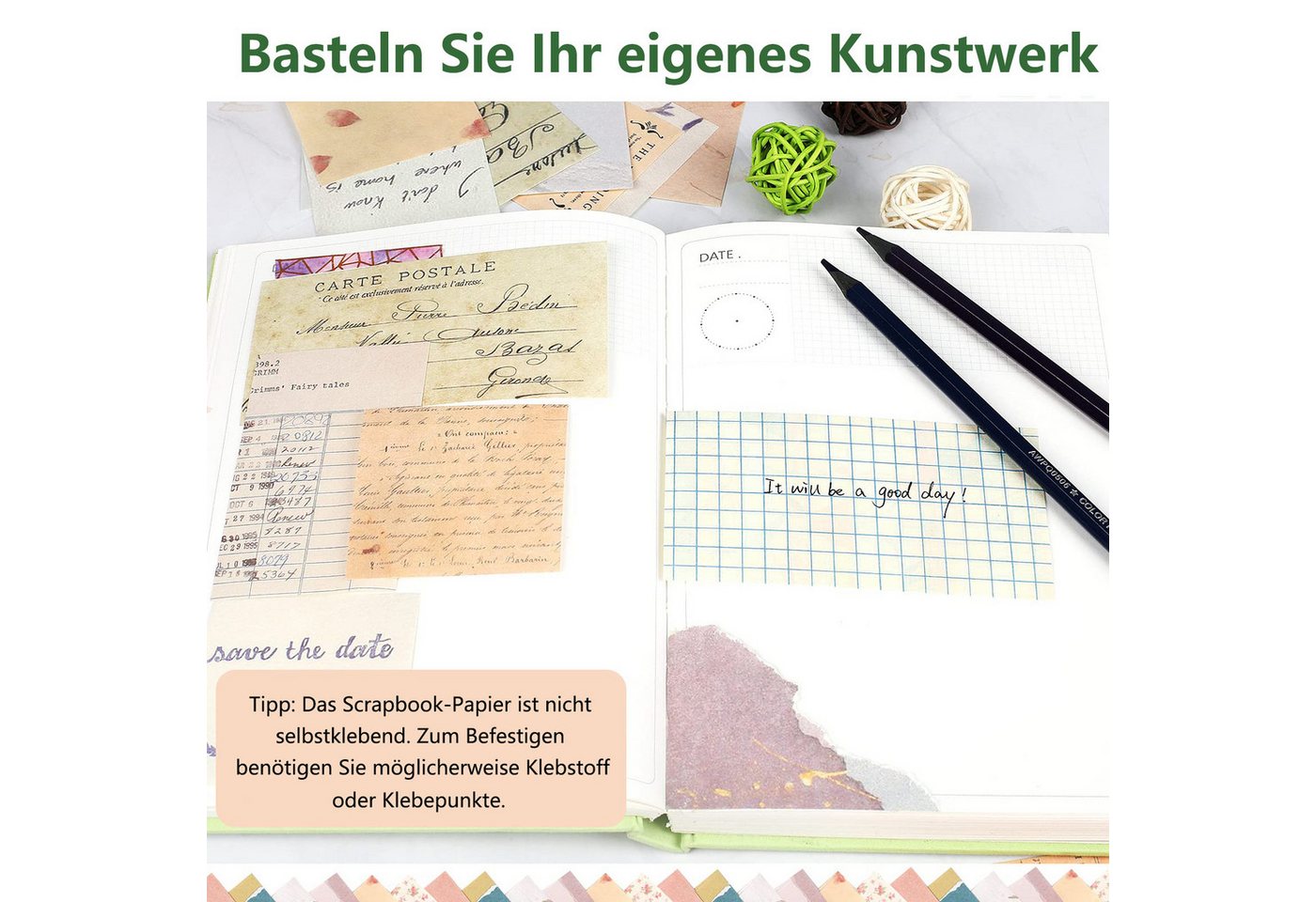 FOUORTUNATE-BEE Motivpapier 360 Blatt Scrapbook-Papier, Vintage-Papier mit vielen Mustern, für Fotoalben, Kalender, Notizbücher, Tagebücher und DIY-Dekoration – Bild 4 von 5
