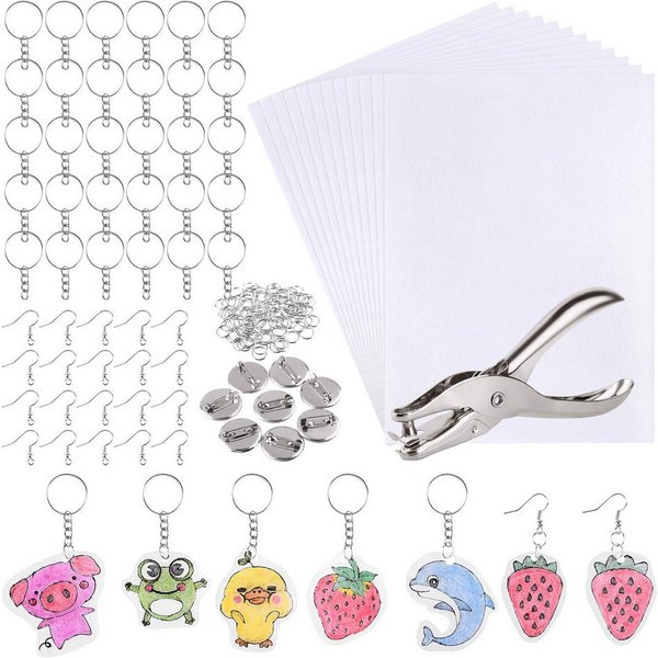 FOUORTUNATE-BEE Multitool 181 Stück Schrumpffolie Set Schrumpfplastik Set, (nthält Schrumpfkunstpapier, Locher, Ohrhaken, Broschen und Schlüsselanhänger für DIY