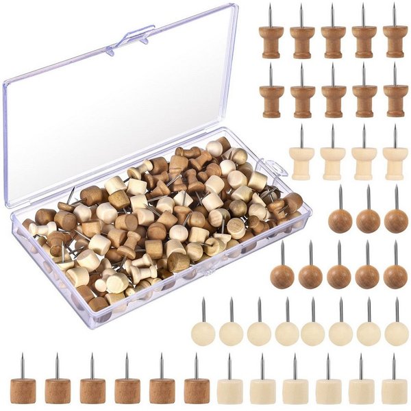 FOUORTUNATE-BEE Pinnnadel 300 Holz Reißzwecken Pinnwandnadeln mit Box für Korkwand Set, Für Fotos Karten Büro Schule Korktafel Reißzwecken Holz Set