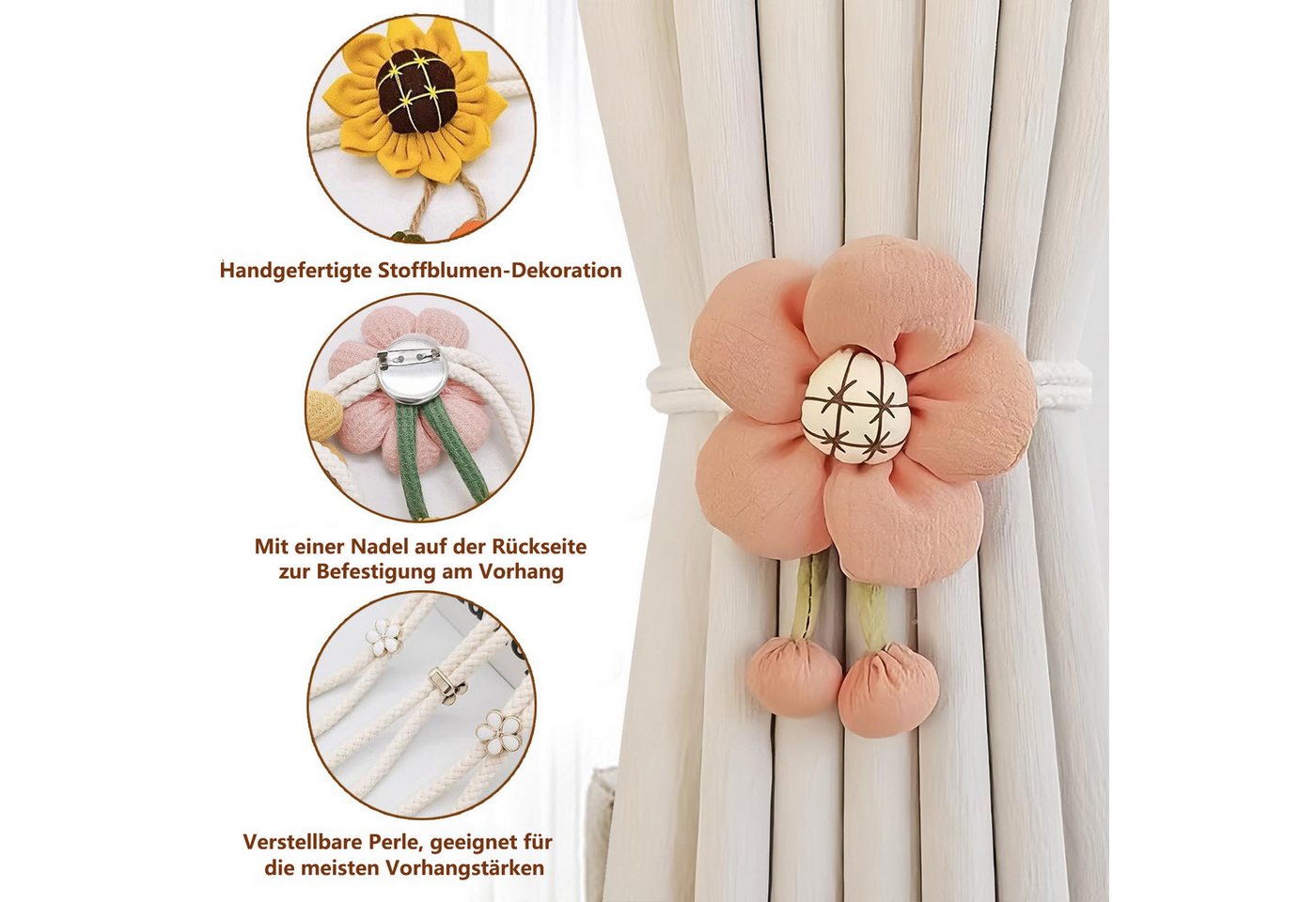 FOUORTUNATE-BEE Raffhalter 2 Stück Blumen Vorhang Raffhalter, Künstliche Blumen Gardinenhalter, (Niedliche Raffhalter Dekorative Fensterdekoration, 2-tlg., für  – Bild 3 von 5