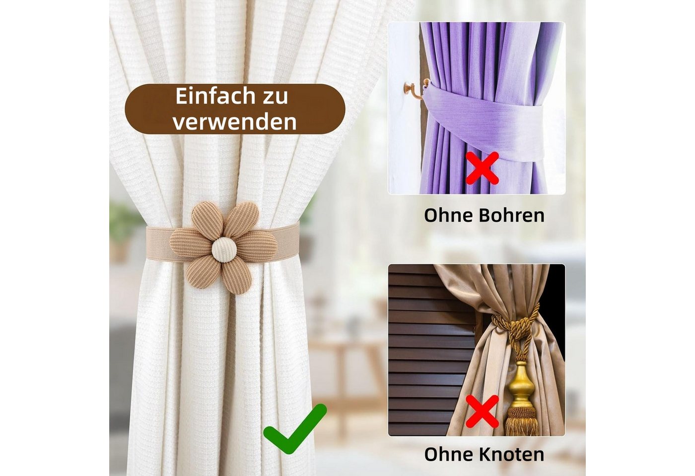 FOUORTUNATE-BEE Raffhalter 4er Set Verstellbare Blumen-Vorhanghalter, (4-tlg), Blumen Vorhang Raffhalter mit Verstellbarem Band – Bild 4 von 5
