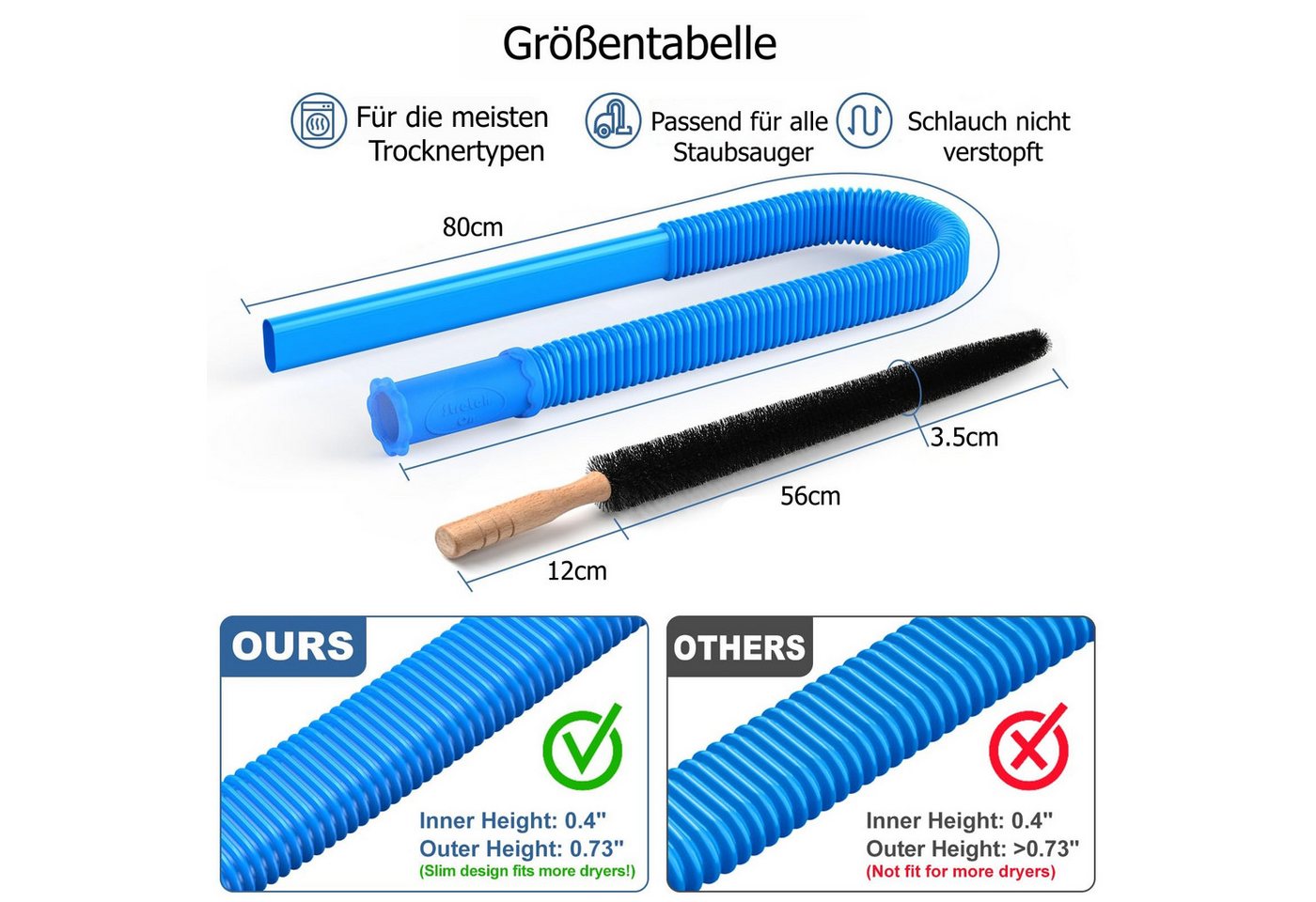 FOUORTUNATE-BEE Reinigungsbürste Trockner Entlüftungsreiniger Set 2-teilig für Staubsauger, Fusselbürste & Schlauchaufsatz mit Universaladapter – Bild 2 von 5