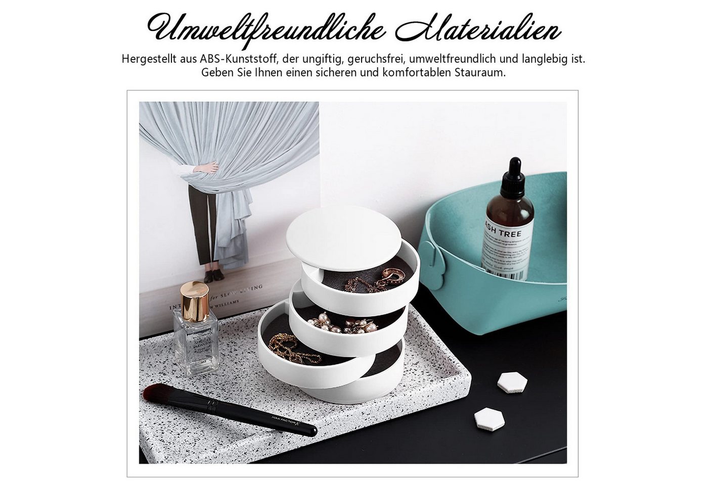 FOUORTUNATE-BEE Schmuckkassette 4-stöckige drehbare Schmuckbox für Ringe, Ohrringe & Halsketten, Schmuckaufbewahrung für Damen Mädchen Mehrschichtiger Organizer – Bild 4 von 5