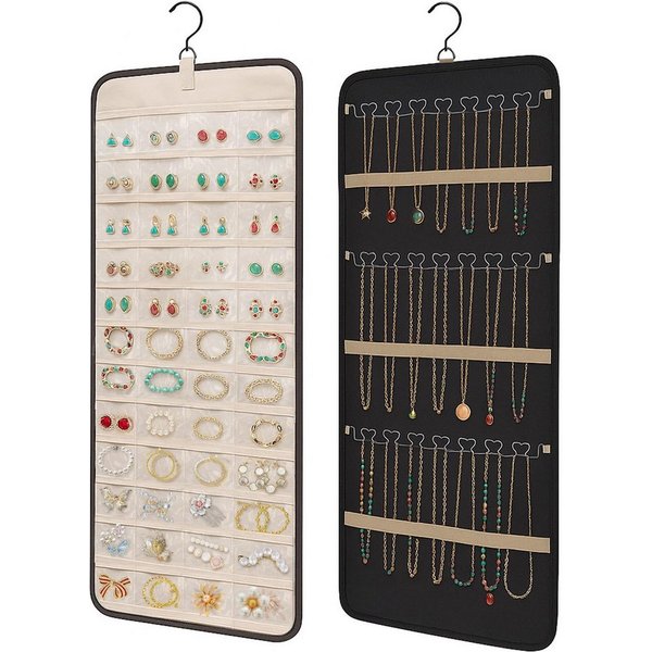FOUORTUNATE-BEE Schmuckständer Hängendes Schmuck-Organizer Set – Doppelseitige Aufbewahrungstasche, Transparentes Schmuckhängesystem für Ringe Ohrringe Ketten A