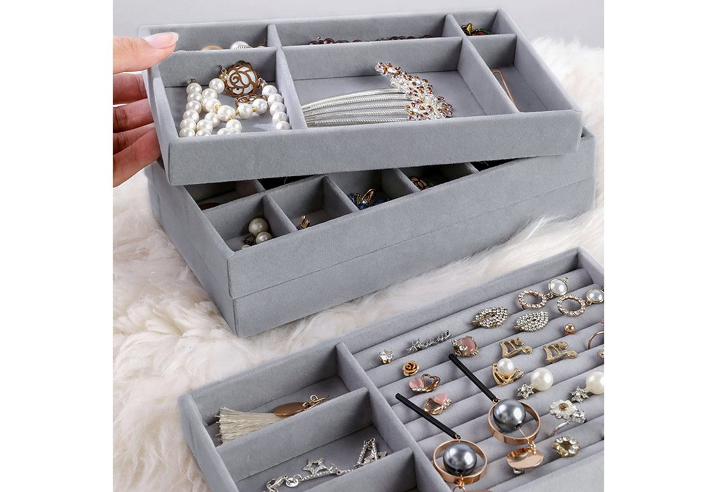 FOUORTUNATE-BEE Schubladeneinsatz Schmucktablett 4er-Set, Schmuck Organizer für Schubladen und Kommode, Schmuckeinsätze für Schubladen, für Ringe, Ohrringe und  – Bild 2 von 5