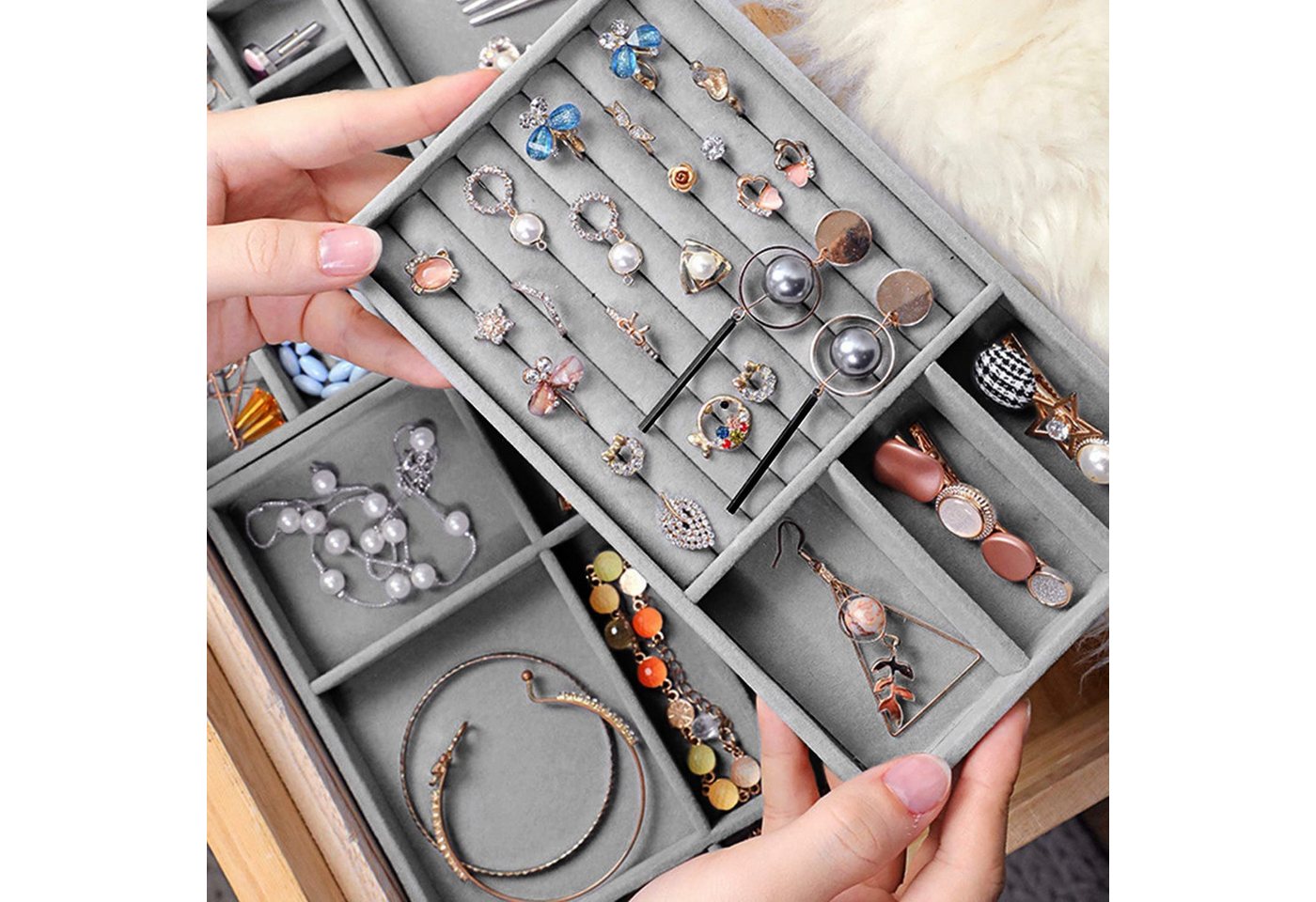 FOUORTUNATE-BEE Schubladeneinsatz Schmucktablett 4er-Set, Schmuck Organizer für Schubladen und Kommode, Schmuckeinsätze für Schubladen, für Ringe, Ohrringe und  – Bild 3 von 5