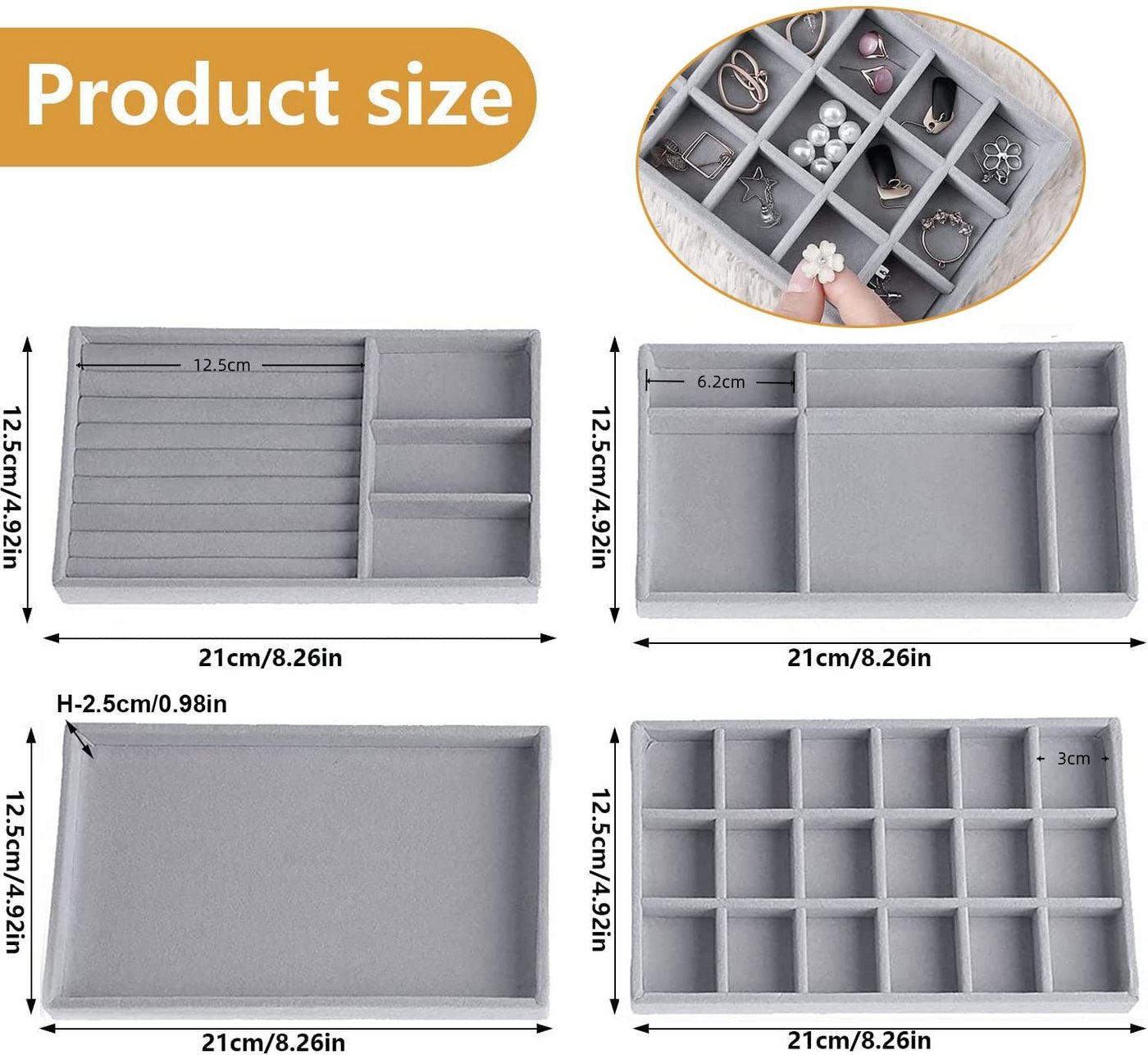 FOUORTUNATE-BEE Schubladeneinsatz Schmucktablett 4er-Set, Schmuck Organizer für Schubladen und Kommode, Schmuckeinsätze für Schubladen, für Ringe, Ohrringe und  – Bild 4 von 5